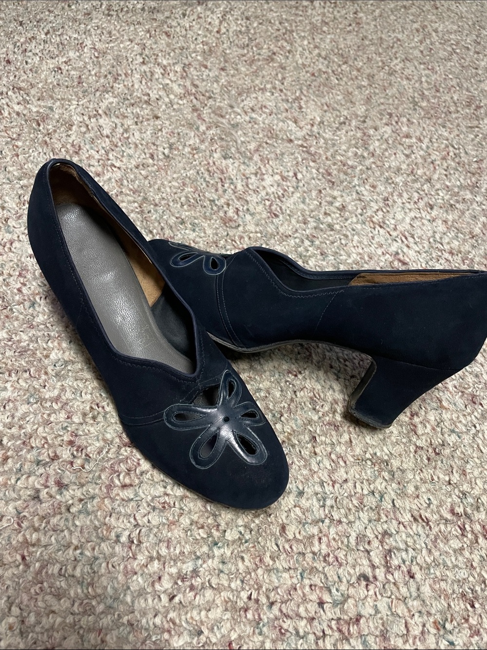 Vintage 40s Suede navy floral tie cut out Women's Heels- stunning